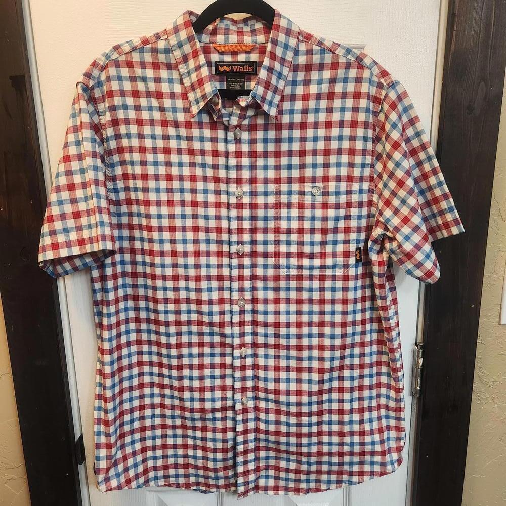 Walls Men's Short-Sleeve Checkered Plaid Button Up Shirt -Size Large